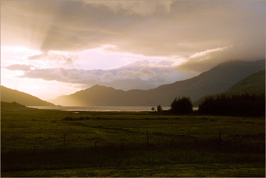 Sunset sheds its golden light over Barrisdale and Barrisdale Bay