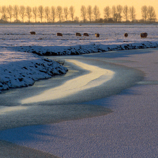 Zoom: Bevroren Waterling in de Beetskoog tegen zonsondergang, westwaarts vanafde brug