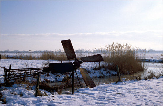 Zieltogend molentje in de sneeuw van de Beetskoog, langs de Waterling