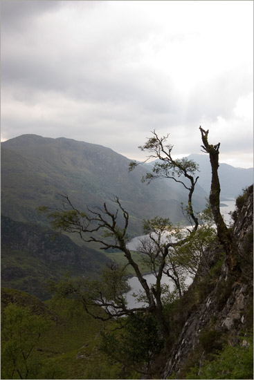 A beam of light hitting Camas Ban — Loch Hourn from the steep climb up Cadha Mhòr