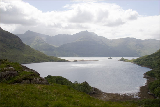 Wind over Camas nan Gall and silver light around Barisdale landing point, from above Caolasmor