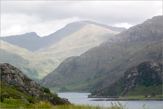 Zooming in on the stretch between Skiary and Runeval along Loch Hourn, from above Caolasmor