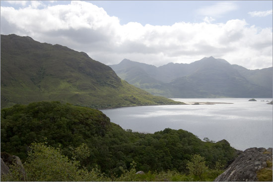 Silver light on windswept Loch Hourn beyond the wooded dragon’s head at Caolas Mòr