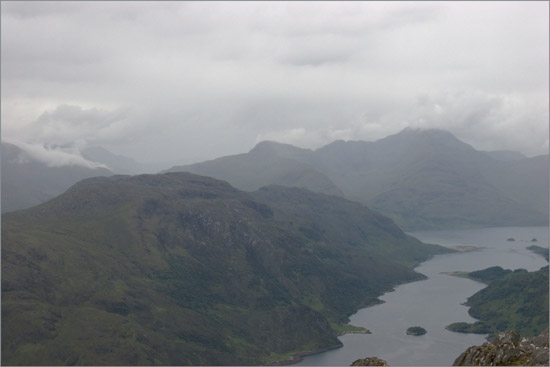 Gloomy clouds descending on brooding hills — view of Loch Hourn from Buidhe Bheinn