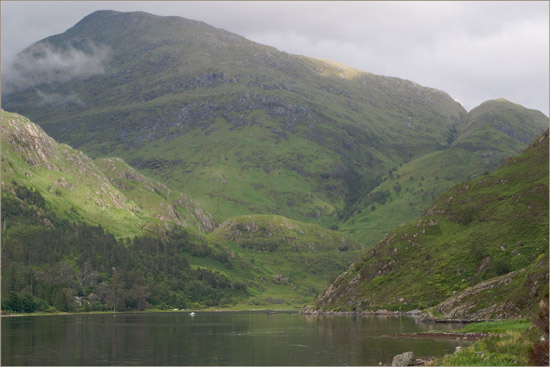 Kinloch Hourn from the narrows at high tide; sudden evening light after a grey day