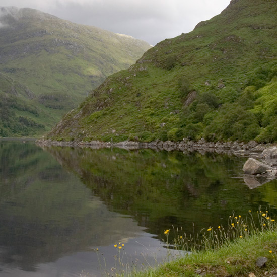 Zoom: Tranquil Loch Beag and Kinloch Hourn at high tide in the evening, from the path near the rock fall