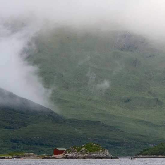 Morning mists descending from Ladhar Bheinn, reaching for Barisdale landing point on Loch Hourn