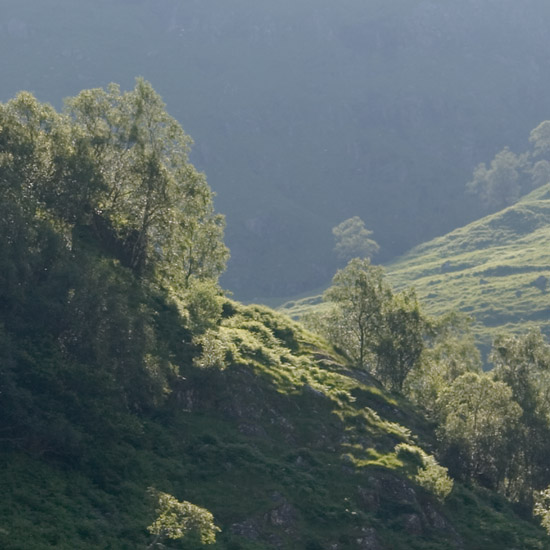 Zoom: Early morning sun chasing away the mists from Sgurr a' Mhaoraich