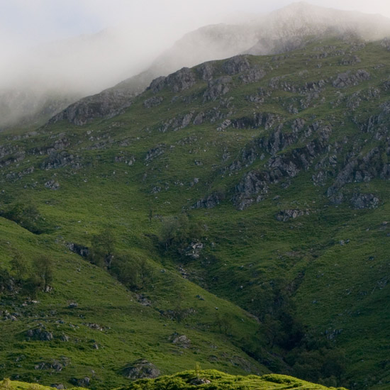 Morning mist disguising the hilltop – view from Kinloch Hourn, but what hill is that?