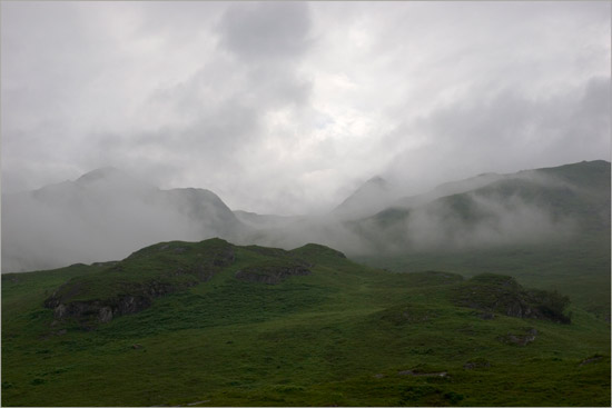 Evening mist over Stob na Muicraidh and Stob a' Chearcaill, from the White House on the Barisdale plain