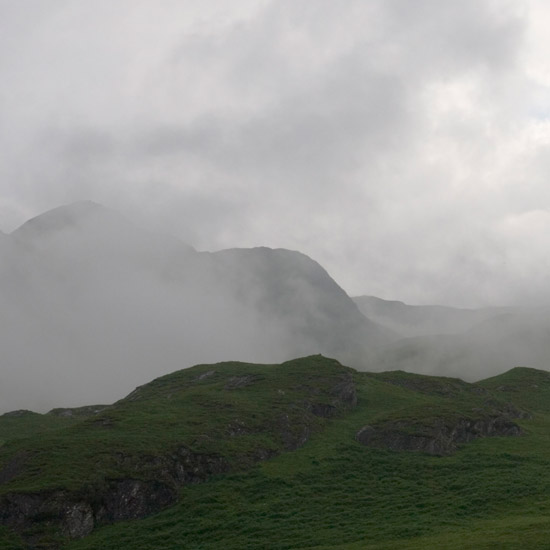 Zoom: Evening mist over Stob na Muicraidh and Stob a' Chearcaill, from the White House on the Barisdale plain