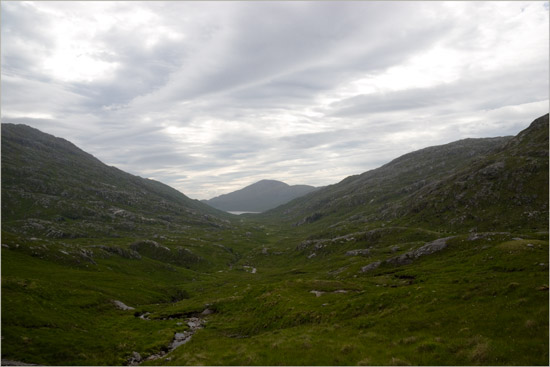 Dawn over Gleann Còsaidh, with Gairich behind Loch Quoich; from Allt Coire Slat Bheinn