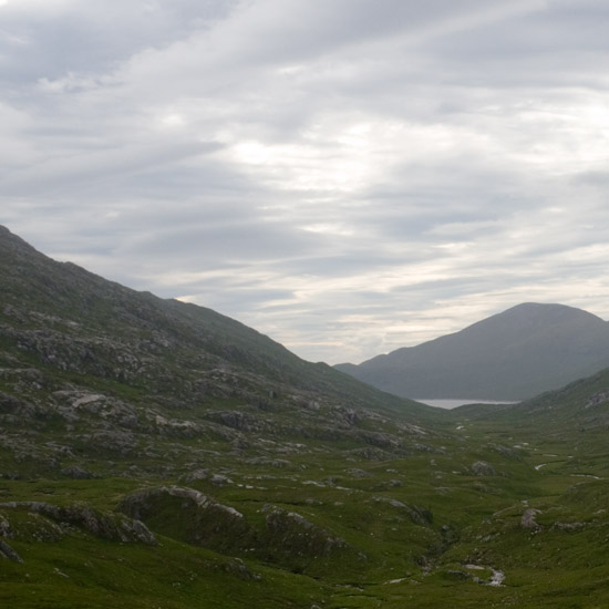 Zoom: Dawn over Gleann Còsaidh, with Gairich behind Loch Quoich; from Allt Coire Slat Bheinn