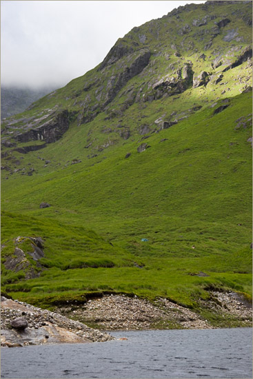 The entrance of Coire nan Gall from Loch Quoich – our wee tent at the footof the climb to Ben Aden